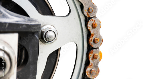 Foto Motorcycle sprocket with texture rusty chain isolated on white background