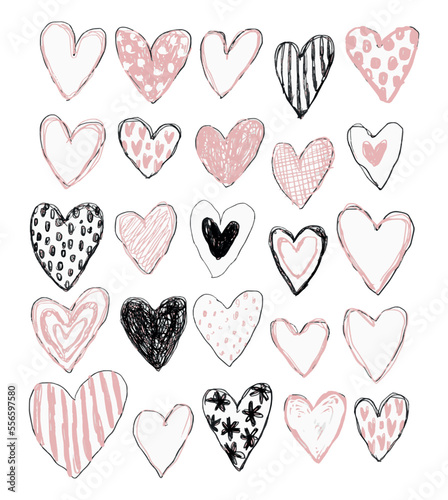 Set of various hearts, colored pencil drawing, cute doodle design, sketch for wedding, valentine s day, romance. Vector illustration isolated on white background.