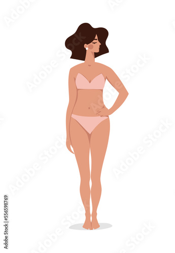 Beautiful model girl in panties and bra  female character in flat cartoon style for beauty salon  cosmetology  depilation. The concept of women s health  menstruation. Vector illustration