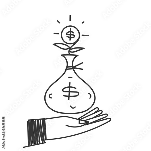 hand drawn doodle money plant grows from a money bag illustration