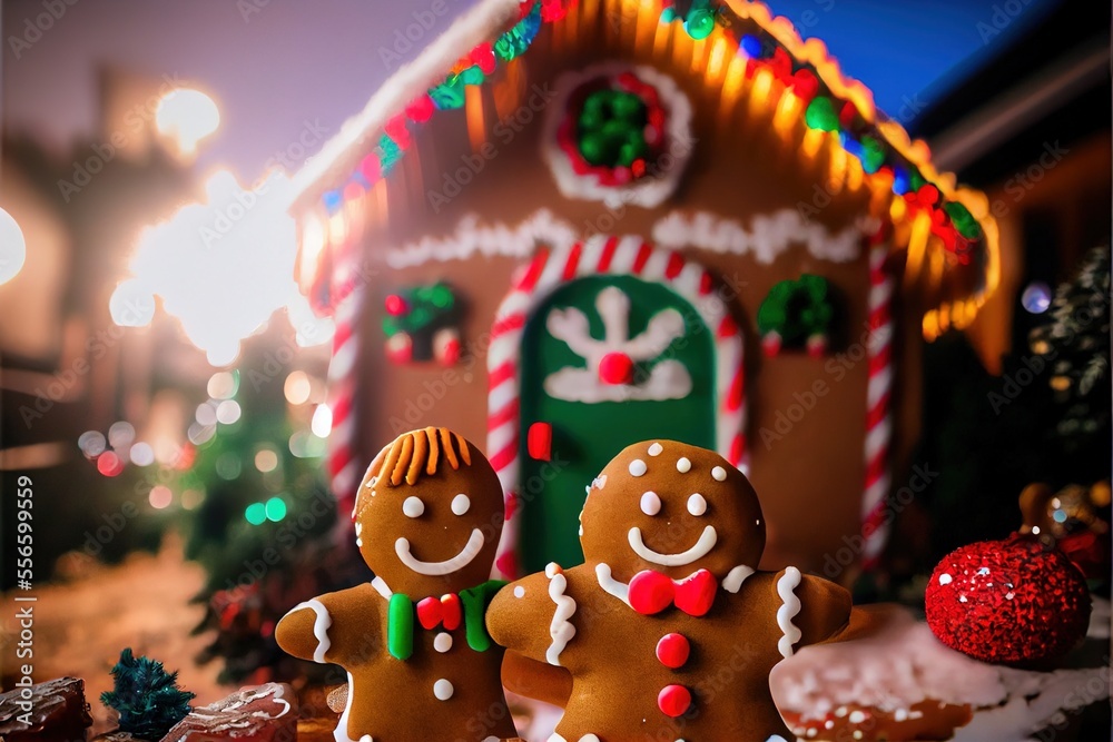 Christmas Gingerbread House with Smiling Man and Woman Holiday Candy Icing Frosting Background Image	
