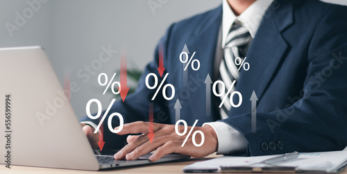 Obraz na plátně Percentage icons and up and down arrow icons with graph indicators on interface icons