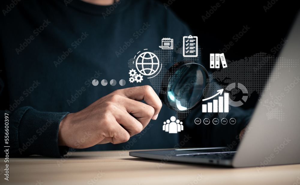 Fototapeta premium Business process concept. Businessman analyzing data, workflow and strategy on modern virtual interface.