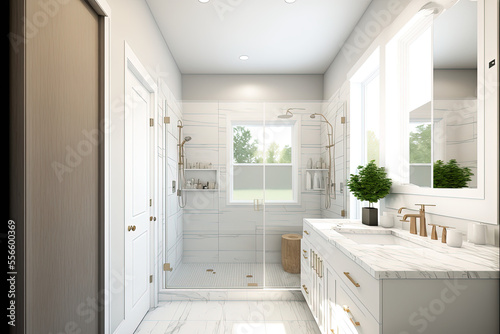 master bathroom with shower, minimalist design, clean lines, marble, all white, AI assisted finalized in Photoshop by me 