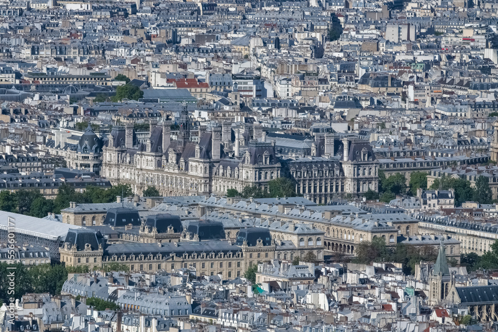 Paris, aerial view of the Hotel de Ville, city hall in the center
