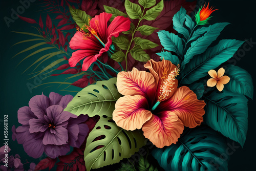 Exotic flowers and plants bouquet background. Generative AI.