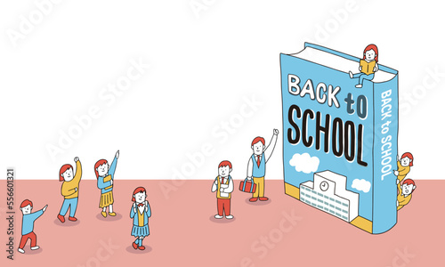 Back to school. 新学期のイラストフレーム 本の周りに集まる学生、クラスメイト達