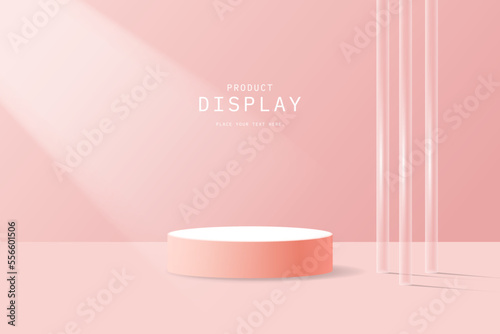3d background platform with pink glass modern pole. Realistic 3d white pink cylinder rendering podium platform. stand pedestal podium for showing cosmetic product. Stage for showcase product display