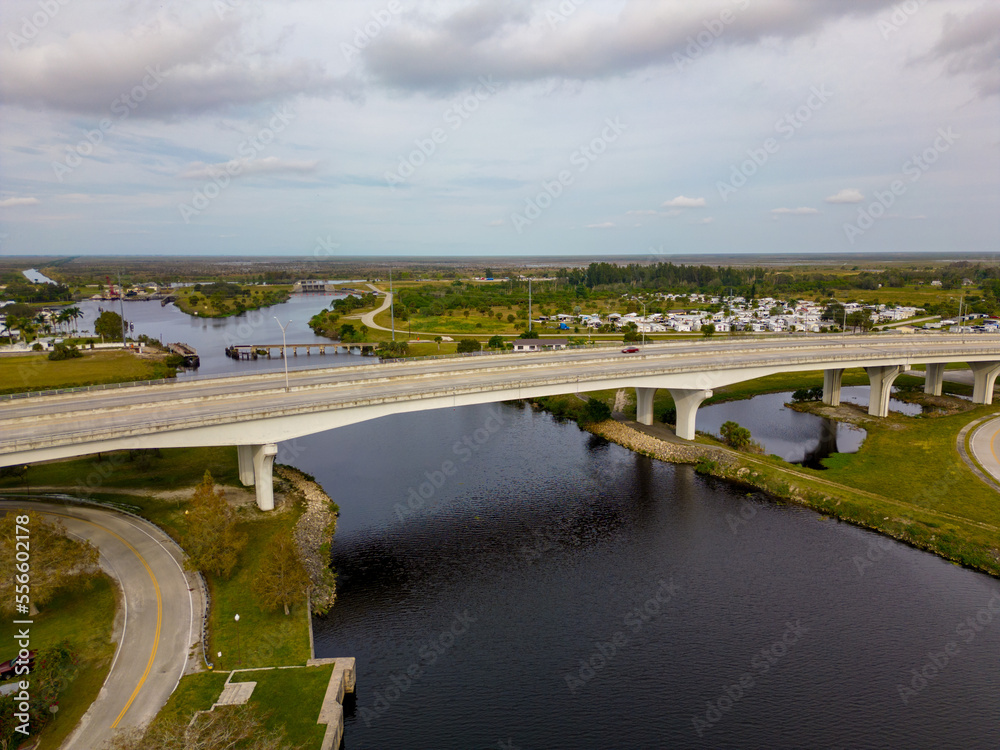 Aerial drone photo Moore Haven Caloosahatchee Canal and bridge
