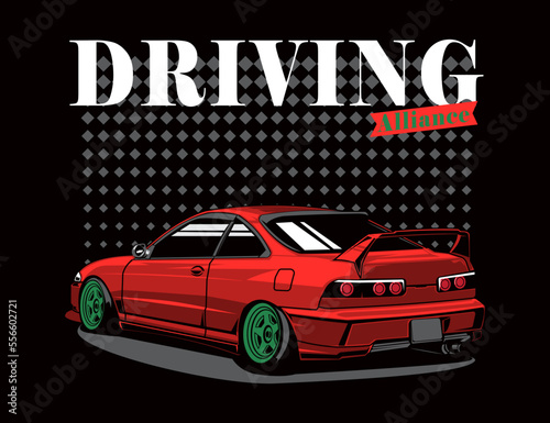 japan automotive car illustration with halftone background and text for hoodie printing vector design