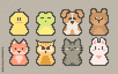 Vector pixel art animal series collection. Icons and stickers 8 bit style set of duck, frog, dog, bear, fox, owl, cat, rabbit.