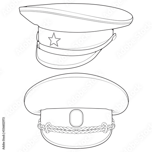 Set of outline military cap vector illustration isolated on white background. Outline military cap vector for coloring book.