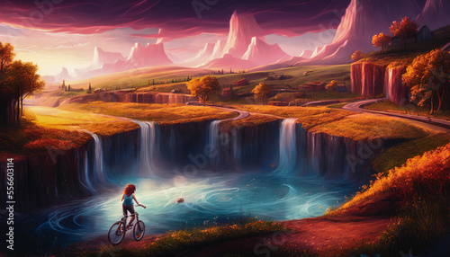 A cyclist is depicted against the backdrop of a magical waterfall. Generative AI