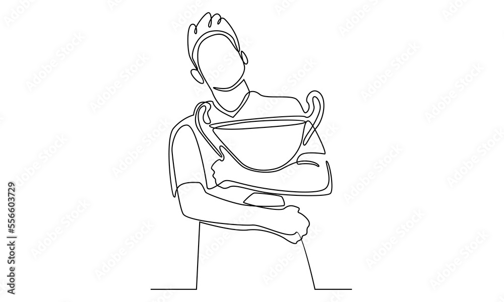 continuous line of man holding golden trophy continuous line of man holding golden trophy
