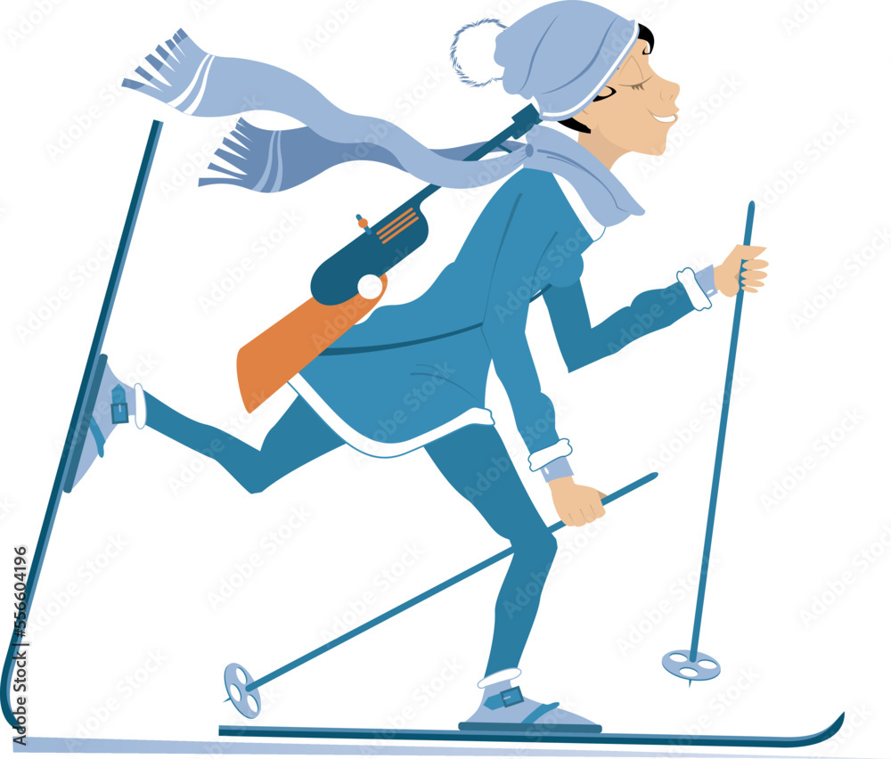 Biathlon competitor woman illustration. Skiing biathlon competitor womanm with a rifle on the shoulder. Isolated on white background Biathlon competitor woman illustration. Skiing biathlon competitor womanm with a rifle on the shoulder. Isolated on white background