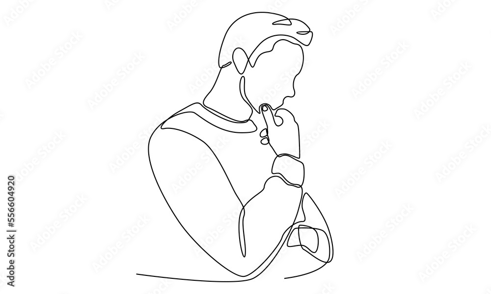 continuous line of worried man thinking continuous line of worried man thinking