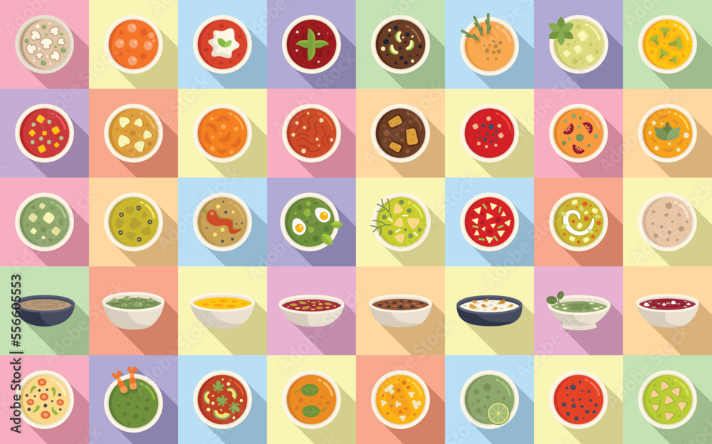Cream soup icons set flat vector. Meal soup. Cream bowl Cream soup icons set flat vector. Meal soup. Cream bowl