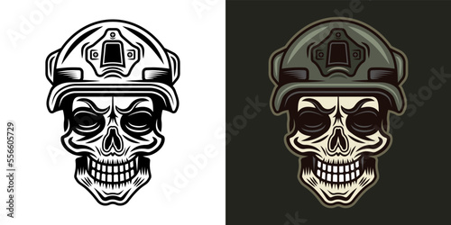 Skull of soldier in protective helmet vector illustration in two styles monochrome on white and colorful on dark background