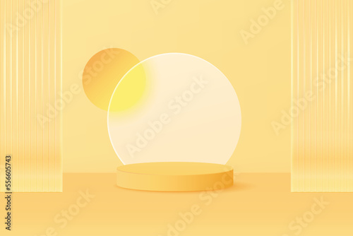 Cylinder podium with translucent round glassmorphism on yellow background. Pedestal pastel minimal showcase mockup. stage for display of product design. 3d illustration.