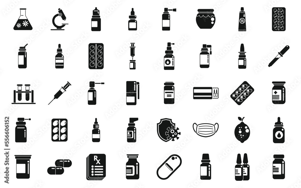 Fototapeta premium Antiviral medicines icons set simple vector. Covid syringe. Corona drug