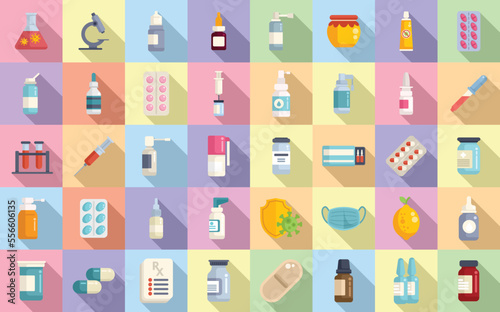 Antiviral medicines icons set flat vector. Covid syringe. Corona drug