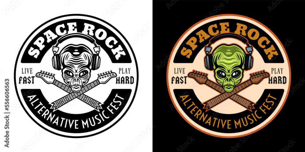 Obraz premium Rock music festival vector round emblem, label, badge or logo with alien head in headphones and two crossed guitar necks. Two styles black on white and colorful on dark background