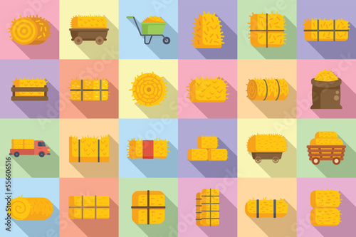 Photographie Bale of hay icons set flat vector