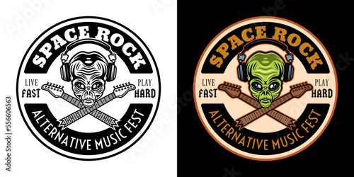 Rock music festival vector round emblem, label, badge or logo with alien head in headphones and two crossed guitar necks. Two styles black on white and colorful on dark background