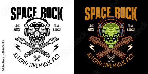 Space rock music festival vector emblem, label, badge or logo with alien head and crossed broken guitar necks. Two styles black on white and colorful on dark background