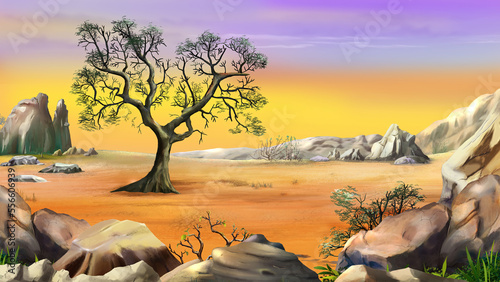 Lone Tree Under Yellow Sky illustration