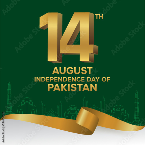 14th August 1947 pakistan Independence day Poster with using ribbon and Green White Background 