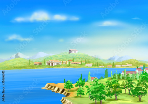 Ancient Greek Harbor at Day illustration