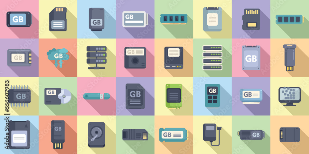 Gigabyte icons set flat vector. Big data. Cyber disk Gigabyte icons set flat vector. Big data. Cyber disk
