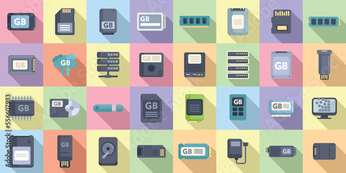 Gigabyte icons set flat vector. Big data. Cyber disk