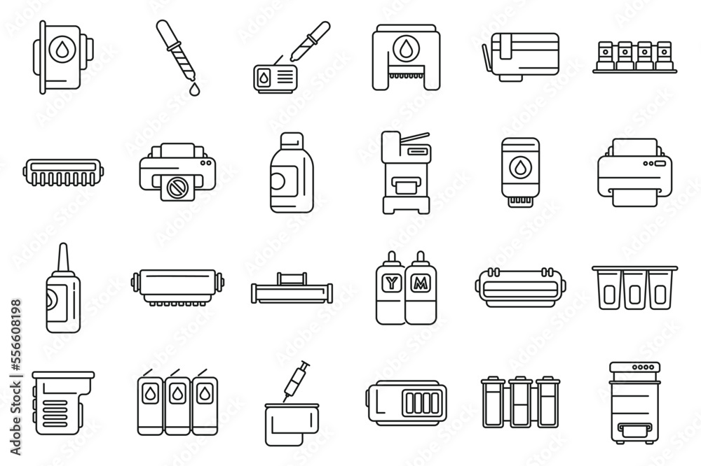Fototapeta premium Cartridge filling icons set outline vector. Computer copier. Device digital