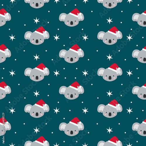 Seamless Vector Repeat Pattern Christmas Festive Koala Heads and Stars Snow Santa Hats