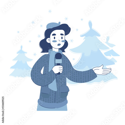 Vector illustration, a female reporter transmits a report on the street in winter. Weather forecast, winter, weather. Poster, poster, booklet, advertisement.