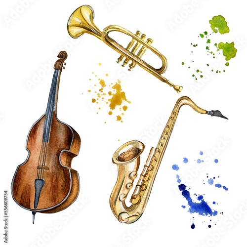 Canvas Print Trumpet, saxophone, contrabass musical instruments watercolor illustration isolated