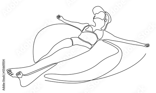 continuous line of happy woman swimming use floating ring