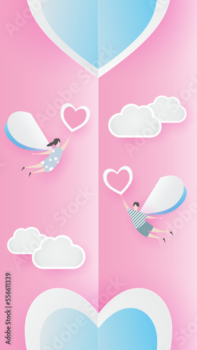 valentine lovely joyful on pink paper background concept. with text love 14 february, boy and girl fly with heart balloon, sky, vector. design for valentine card, gift, poster, paper cut, border, idea