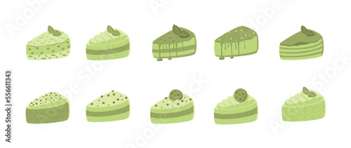 set of matcha mix cake illustration with topping matcha and whip cream