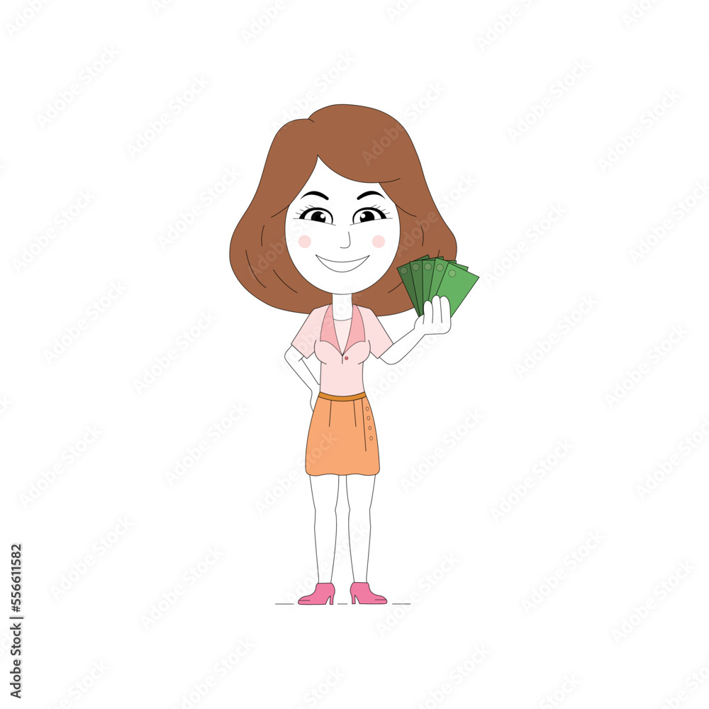 Corporate Girl holding cash money in hands. Cheerful young girl holding currency notes. girl character clip art vector isolated on white background. Corporate Girl holding cash money in hands. Cheerful young girl holding currency notes. girl character clip art vector isolated on white background.