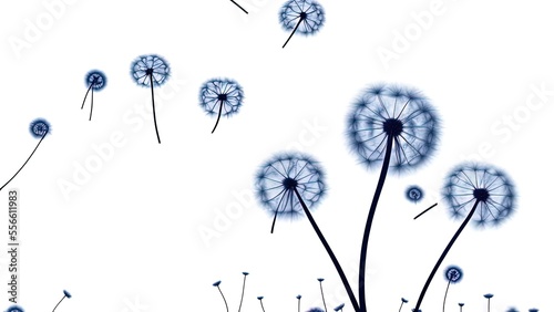 Dandelion flowers in gold and purple colors in watercolor art style.