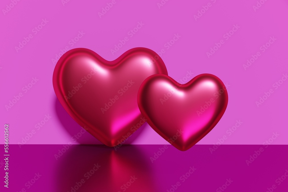 3d render of two magenta pink hearts on a pink background
