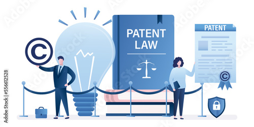Owners holds patent for new idea or invention. Intellectual property paper document and patent law books. Copyright reserved or product trademark that cannot copy. Protect business ideas. photo