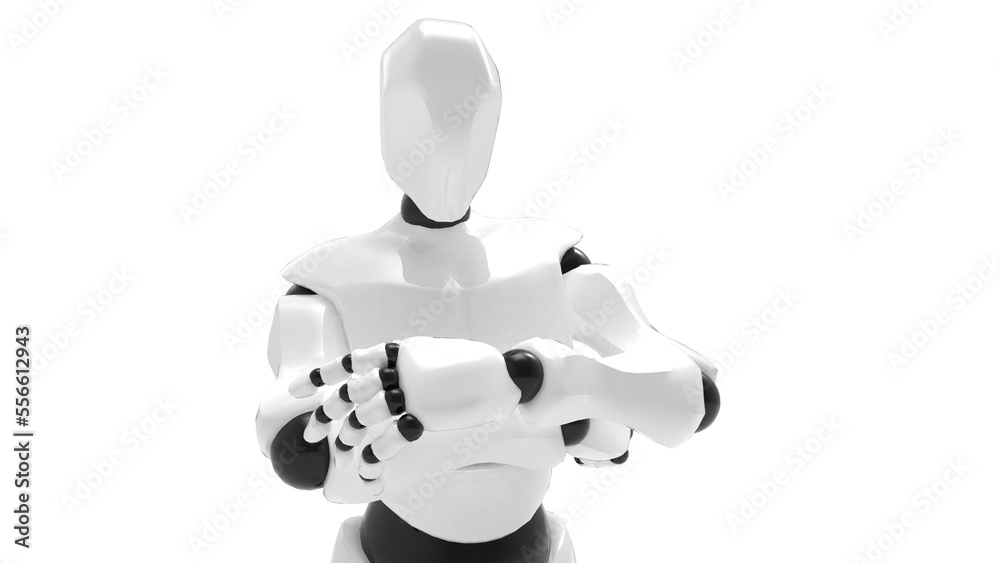Detailed appearance of the white-black AI robot under white background. Concept 3D CG of automatic operation, optimization and block chain. PNG file format. Detailed appearance of the white-black AI robot under white background. Concept 3D CG of automatic operation, optimization and block chain. PNG file format.