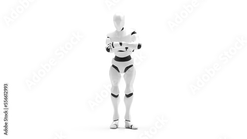 Detailed appearance of the white-black AI robot under white background. Concept 3D CG of automatic operation  optimization and block chain. PNG file format.