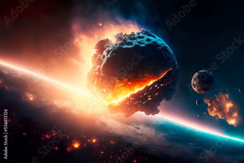 Attack of the asteroid on the Earth . A Meteor glowing as it enters the Earth's atmosphere