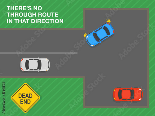 Safe car driving tips and traffic regulation rules. Top view of a city road. Dead end sign meaning. There's no through route in that direction. Flat vector illustration template.