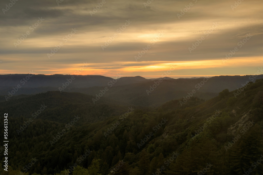 Sunset over Santa Cruz Mountains via Saratoga Gap Trail at Castle Rock State Park, Santa Clara and Cruz Counties, California.